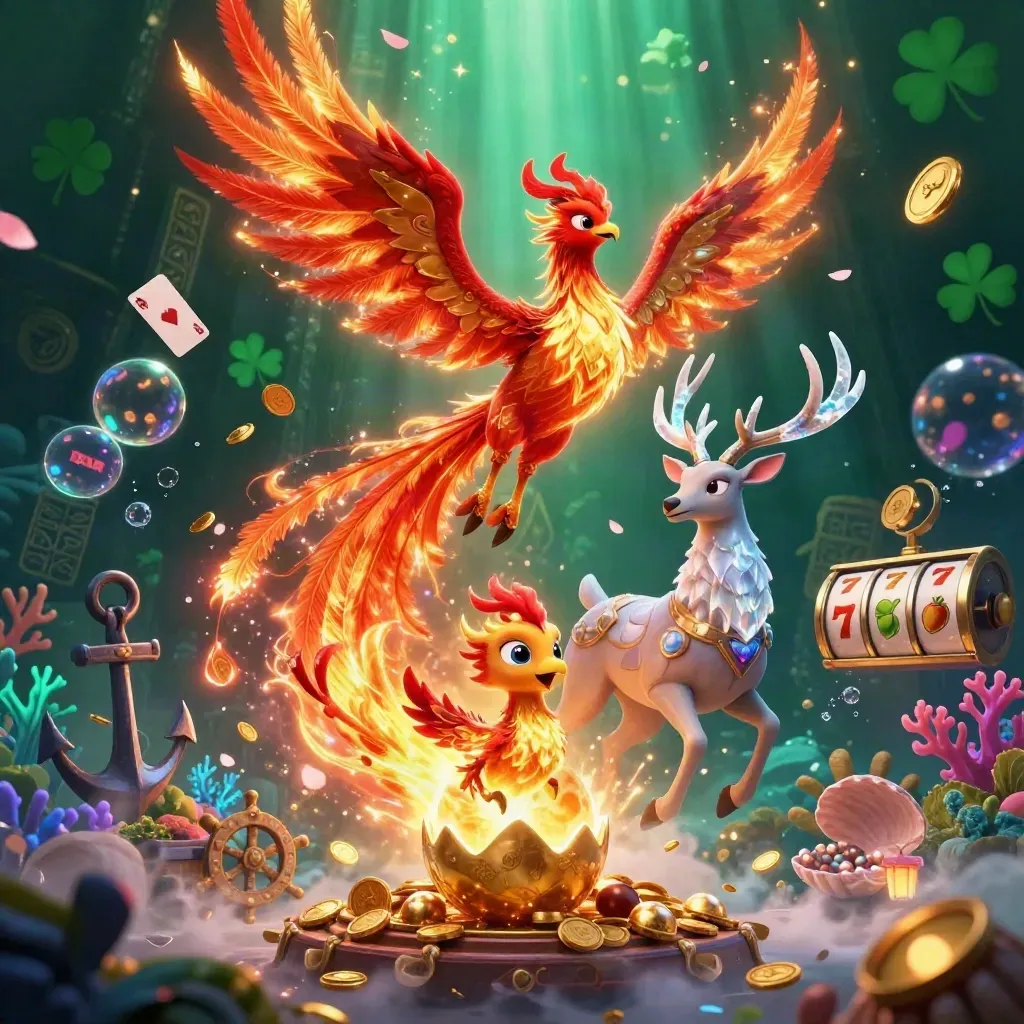 Fire phoenix, baby phoenix, and crystal-antlered stag amid treasure, coral, and glowing casino magic.