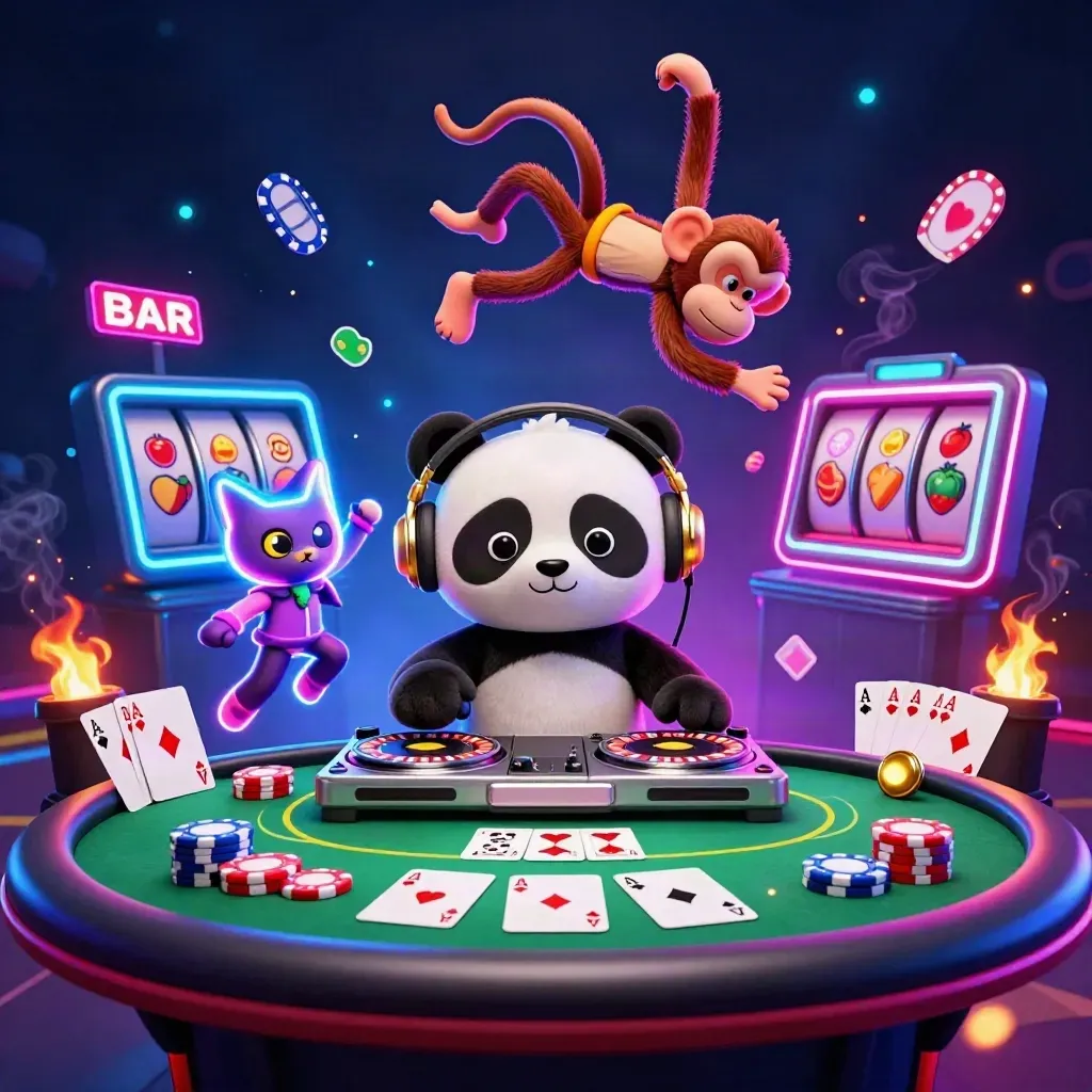 3D panda DJ, breakdancing monkey and glow-stick kitten amid casino props and neon particles