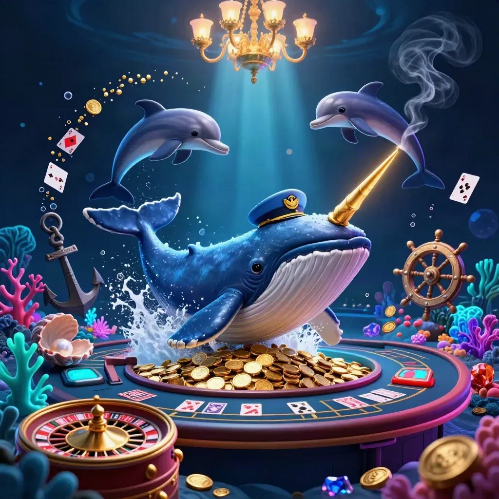Whale captain, narwhal, and dolphins in a glowing underwater casino treasure cove.