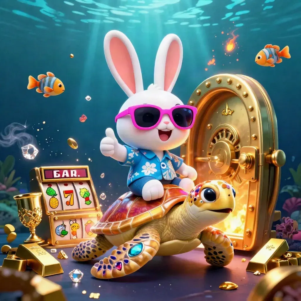 Lucky rabbit on a golden sea turtle amid treasure bursts in neon underwater casino art