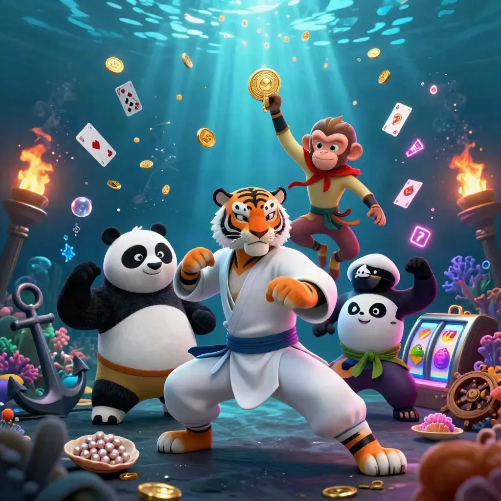 Tiger, panda, and monkey in an underwater treasure cove with coins, coral, and glowing effects