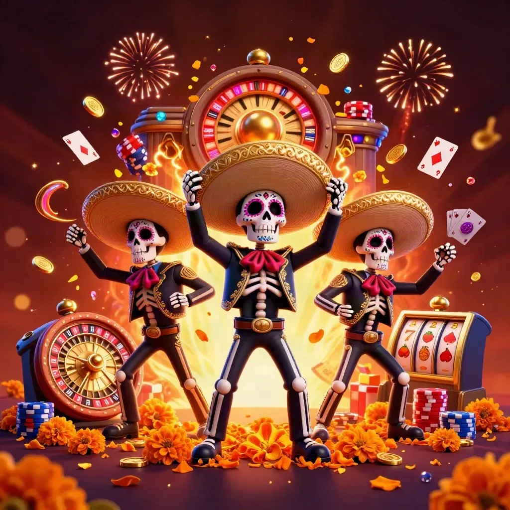 Skeleton mariachi trio amid coins, gems, roulette wheel, chips, and fireworks on a neon casino background
