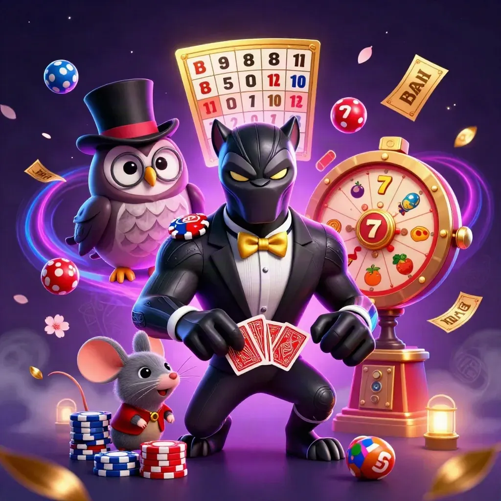 Panther, owl, and mouse amid chips, reels, cards, and neon casino effects